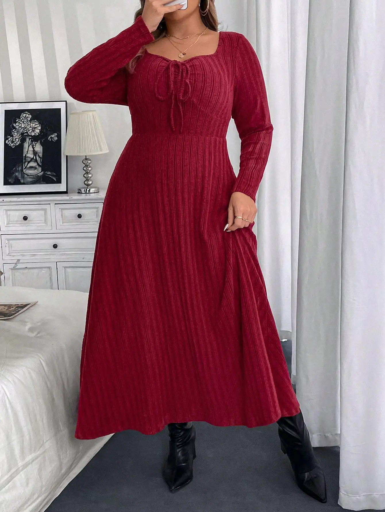 Plus Size Solid Color Long Sleeve Dress, Spring & Autumn For New Year Clothes Maxi Women Outfit view 4