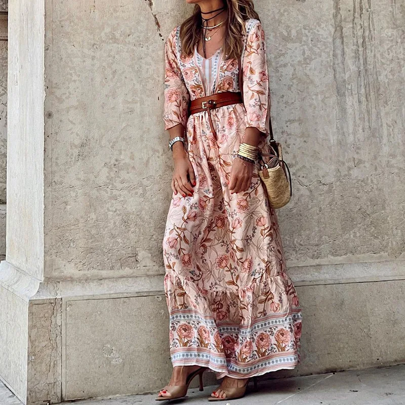 

Fashion Boho Print Dress For Women Elegant V Neck Three-quarter Sleeves Big Hem Belted Dresses Spring Summer New Lady Robe