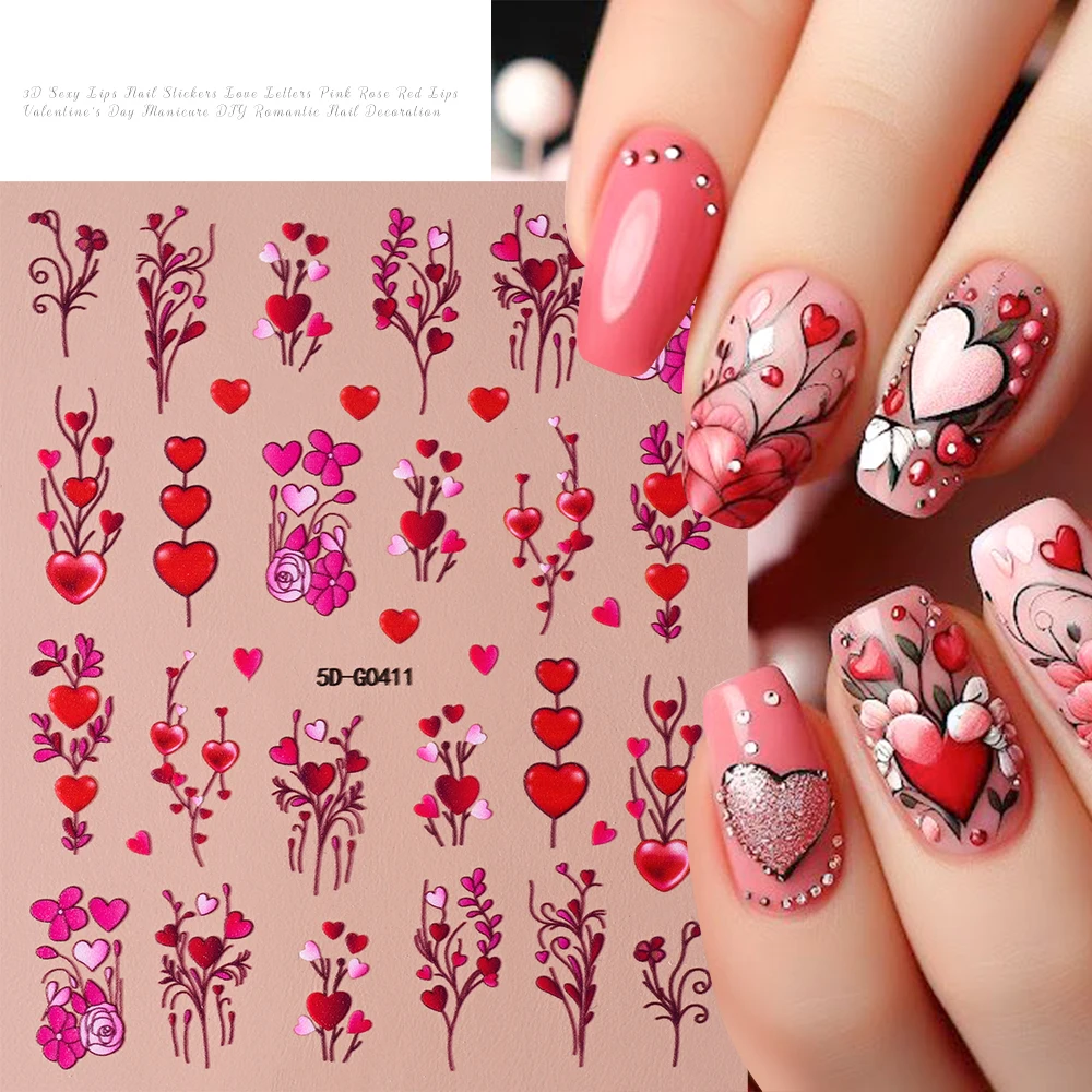 Autocollants 5D pour les ongles, stickers pour les lèvres sexy, amour, cœur, lettre "baiser", rose, rouge, décalcomanies pour manucure romantique, DIY