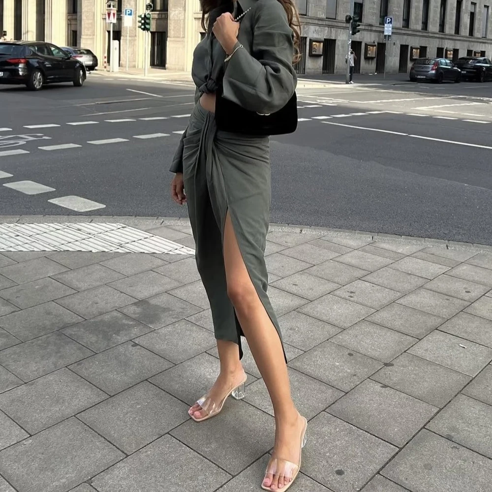

Solid Color Dress Set Flare Sleeve Top Shirt Midi Skirt Suit Side Slit Mid-Calf Skirt for Women Vaction Commuting Streetwear