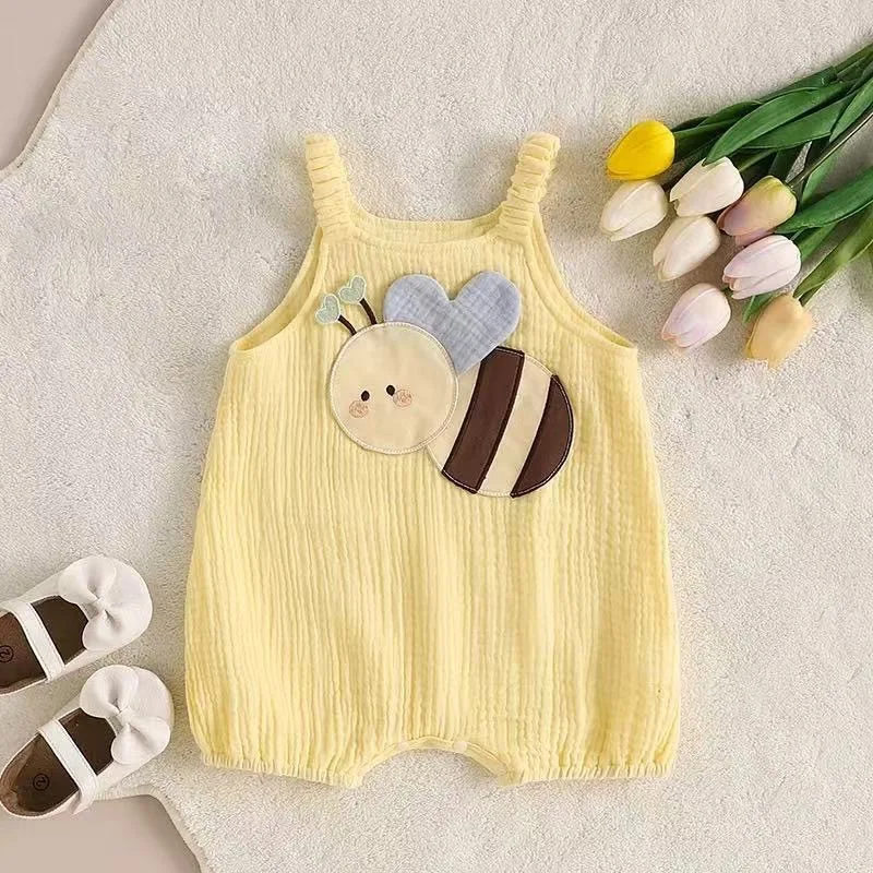 Baby Sling Romper Crinkled Cotton Cartoon Applique Jumpsuit Thin Summer Daily Crawling Outfit for Infant