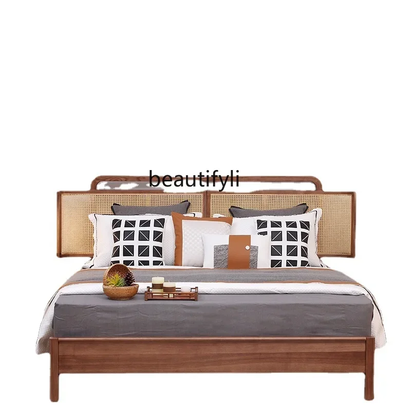 A139  Nordic Solid Wood Modern Minimalist White Wax Rattan 1.5 M 1.8 Single Bed Bedroom Double Bed B & B