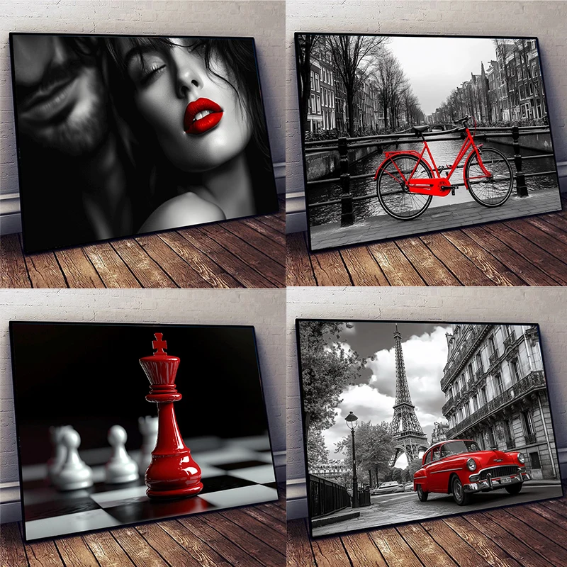 Retro Red Car in Paris Sexy Couple Red Bike in Amsterdam Canvas Painting Poster Print Wall for Living Room Home Decoration