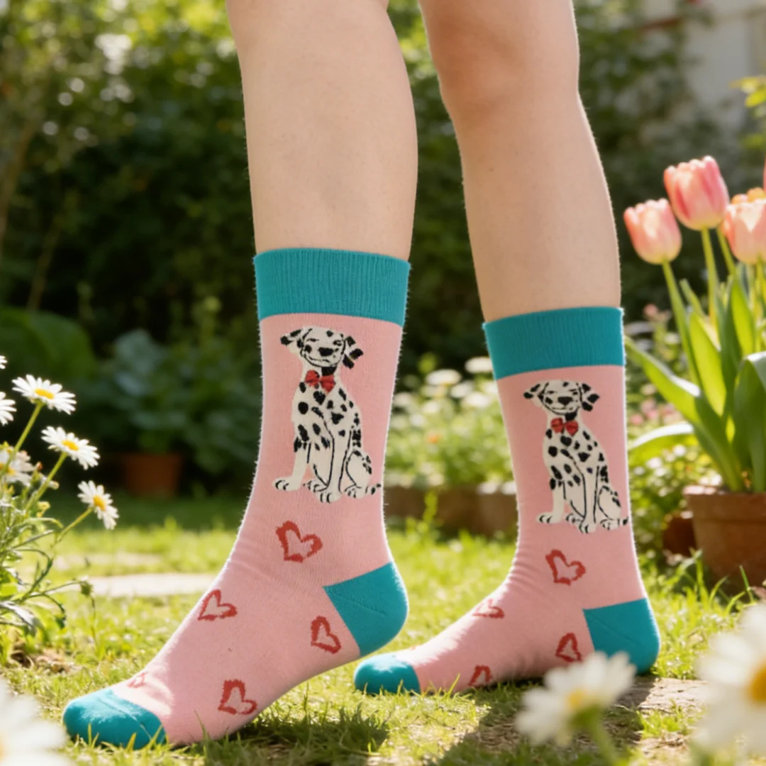 1 pair of mid-calf socks featuring cartoon Dalmatian design, comfortable and stylish, suitable for all seasons