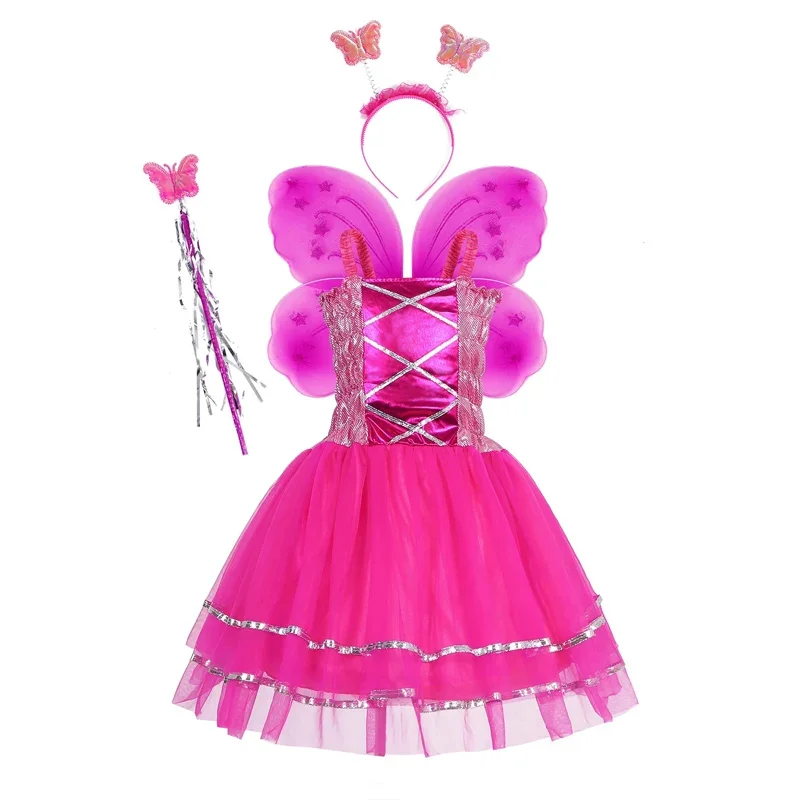 Disfraces de Cosplay de mariposa para niños, vestido de princesa con tirantes, conjunto de 4 piezas de ala de Hada de Anime, accesorios para niñas, ropa de fiesta de cumpleaños