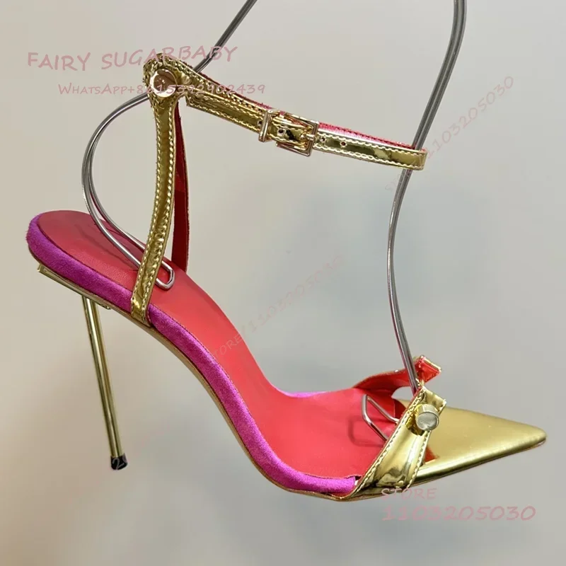 Black Patent Leather Matte Pointed Open Sandals Women Rivet Link Metal Heel Ankle Chain Buckle Red Dress Hollow Shallow Shoes view 3