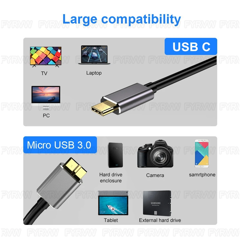 USB C para Micro B Cabo de Disco Rígido, Tipo C, 5Gbps, Conector de Dados, Adaptador para Smartphone, Note3, PC, Câmera, WD, Toshiba Disk Cord