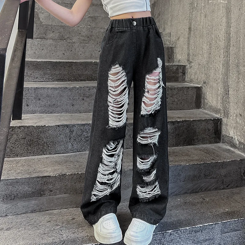 teen Girl Black Jeans 2024 Summer Thin Pop Street Trendy Beggars Hole Broken Straight Narrow Loose Wide Leg Pants pantalon fille