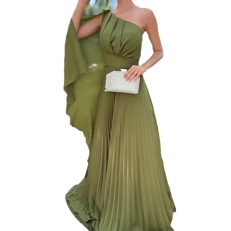 Dress Women Floor Length Dresses One Shoulder Pleated Slim Fit Elegant Splice Gown Oblique Neck High Waist Long Vestidos