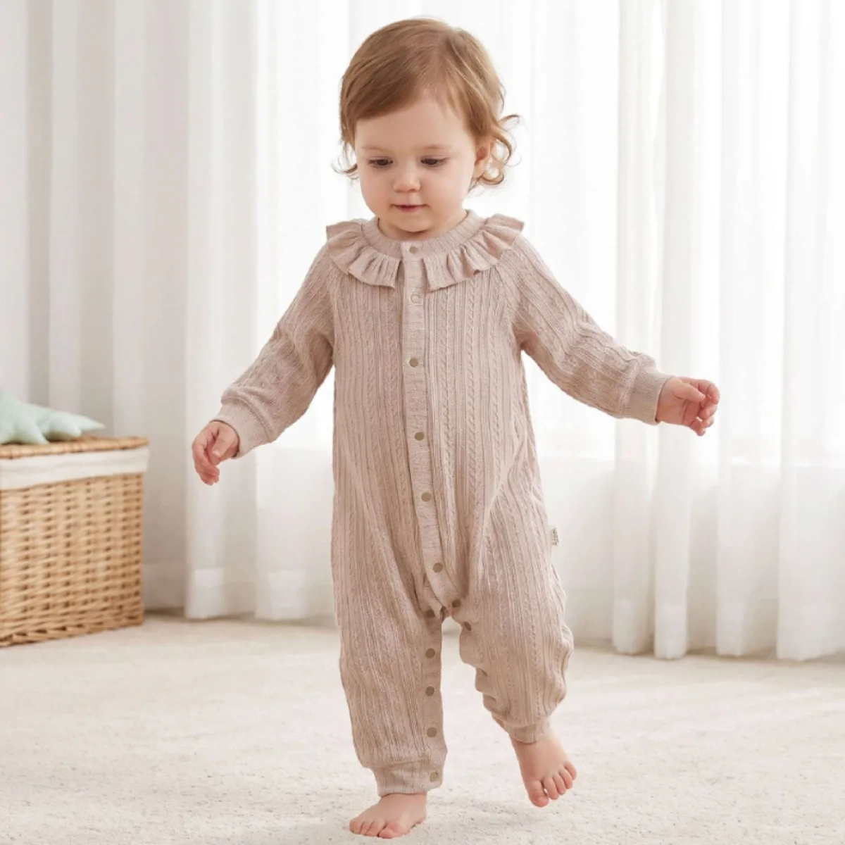 Newborn Baby Girl Princess Romper Ruffle Collar Long Sleeve Onesie Front Snap Soft Stretchy Infant Jumpsuit Spring Autumn 0-16M