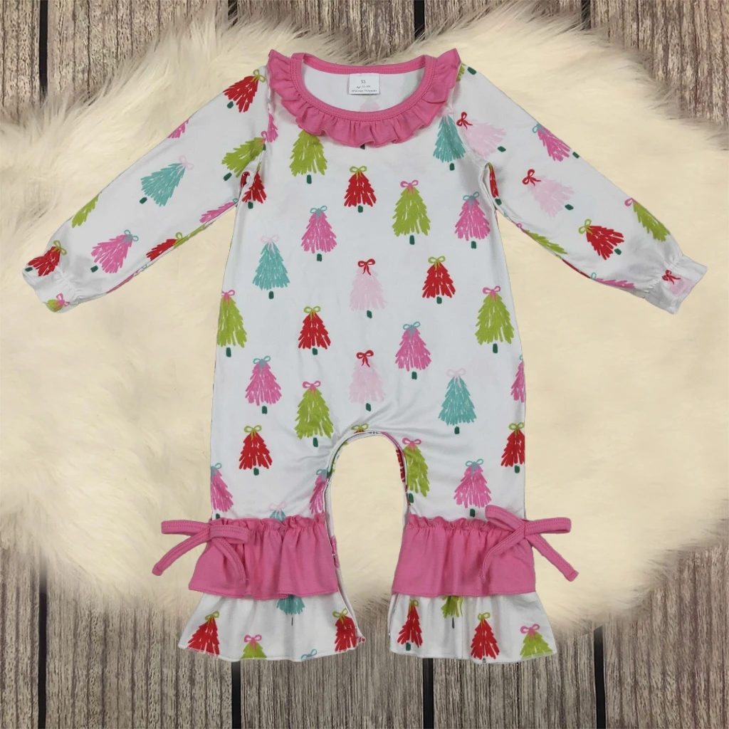 

Newborn Baby Girl Autumn Clothes Ruffle Long Sleeve Bows Trees Print Casual Romper Jumpsuit Playsuit Christmas Baby Clothing