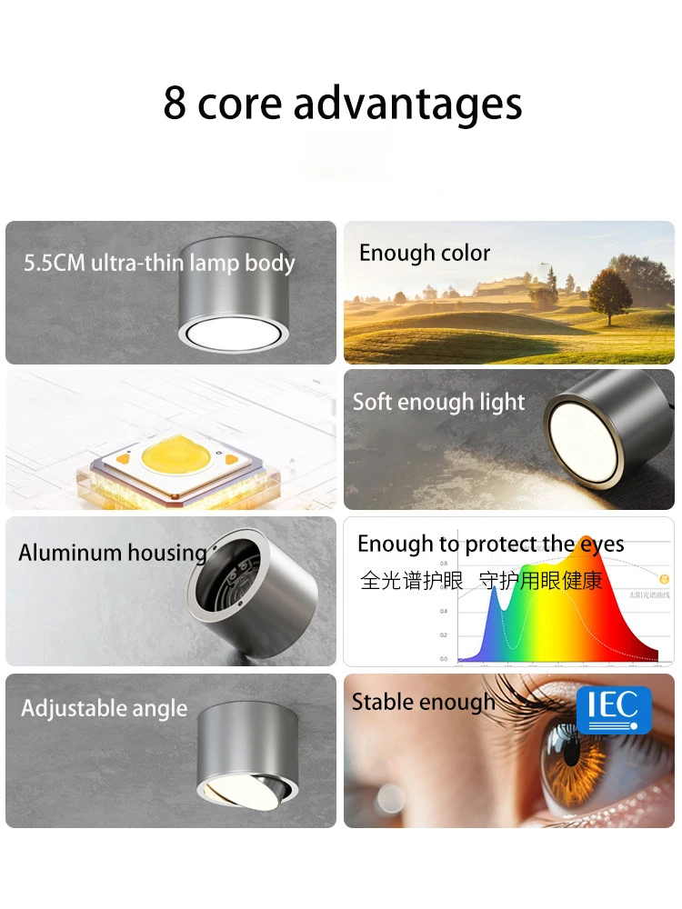 Led Downlight  Ultra-thin Surface Mounted Spot Light Small Lamp Body Ceiling Lighting Stainless Steel Color Bauhaus Style Adjust