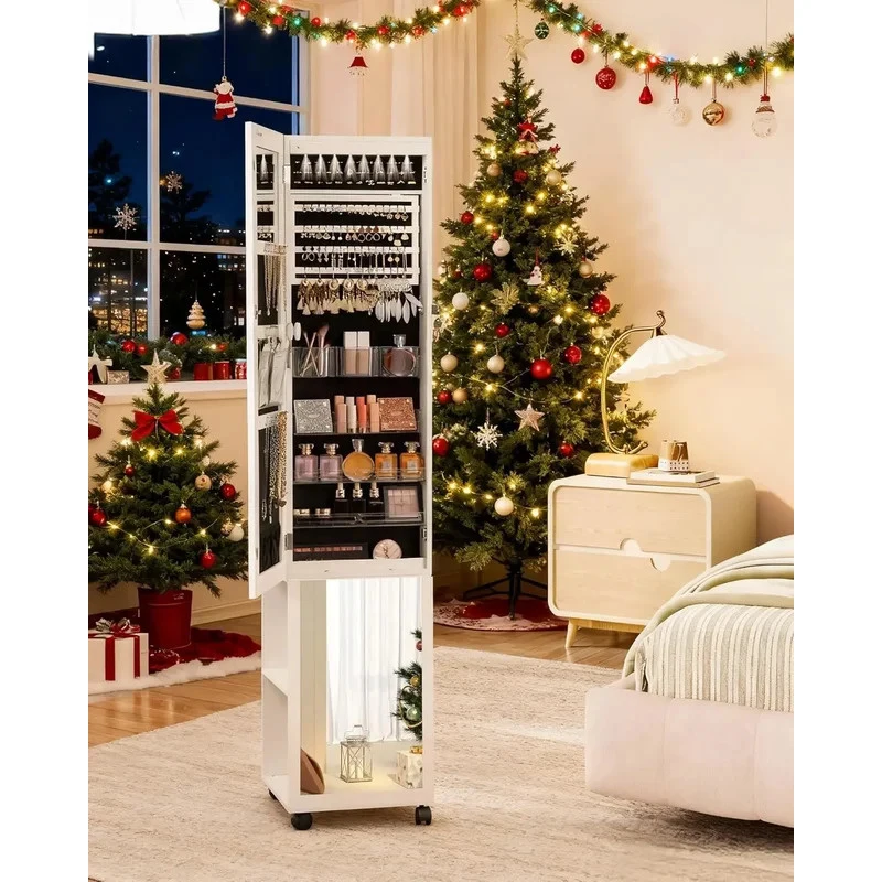 LED Mobile Wardrobe Cabinet With Full‑Length Mirror, Built‑in Jewelry Organizer Garment Rack 4 Casters All‑in‑One Storage