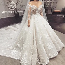 Michelle Royce Ball Gown Wedding Dress 2024 Long Sleeve V-neck 3D Flowers Appliques Wedding Gown For Bride 2022 Vestido De Novia