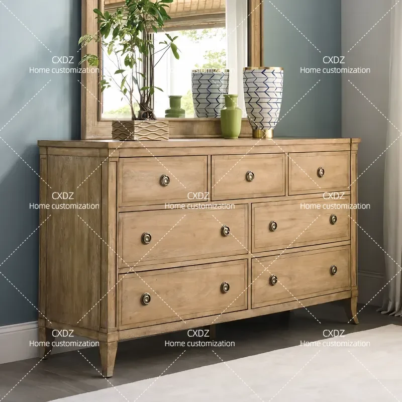 American Retro Solid Wood 7 Drawer Chest Cabinet Living Room Storage Log Style Bedroom Nightstand for Small Apartment