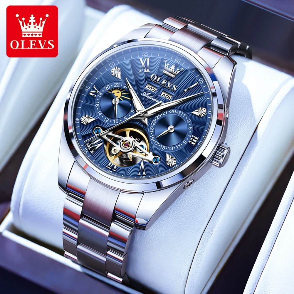 

OLEVS Brand New Luxury Tourbillon Mechanical Watch for Men Stainless Steel Waterproof Fashion Automatic Calendar Watches Mens