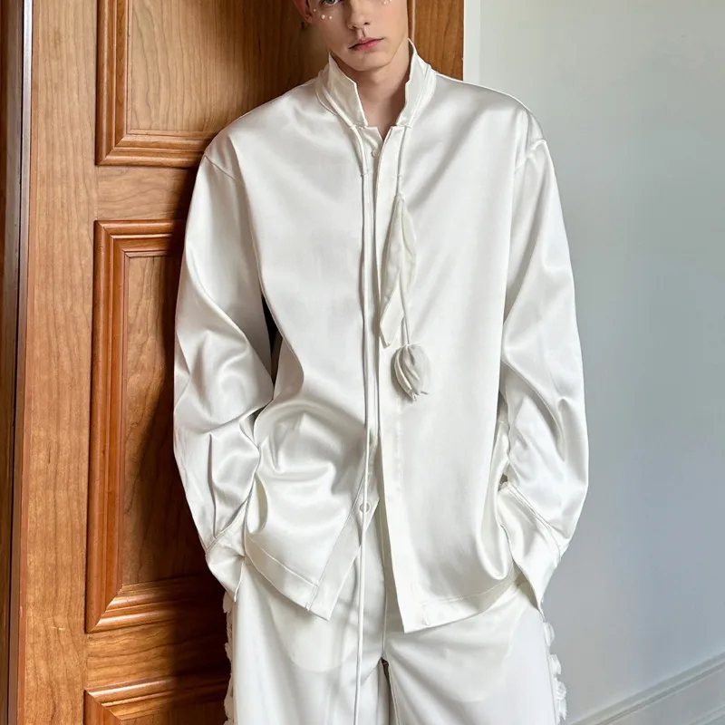 WVGA Spring Autumn New Men's High-end Satin Draped Shirt With Tulip Flower Design Long Sleeved Niche Fashionable Tops Ins W24799