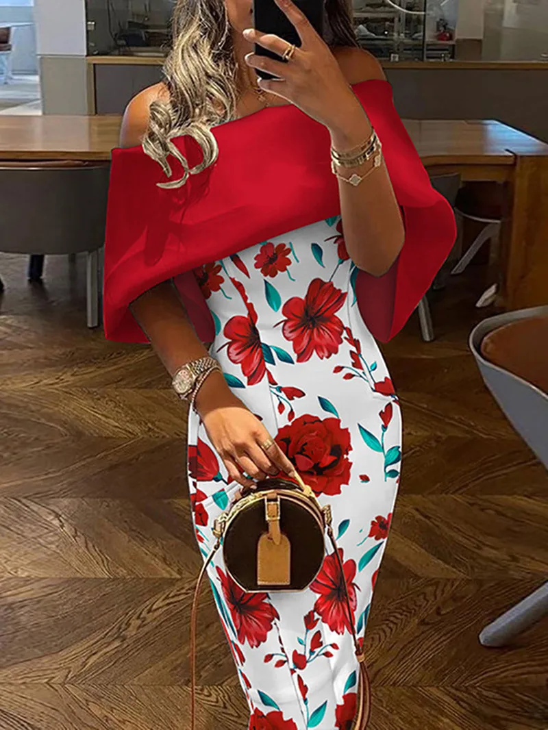 الكلاسيكية قبالة الكتف مساء فستان جديد عادية زهرة التباين اللون سليم صالح زي العرائس الركبة طول الجلباب دي Mariée رائجة البيع #6