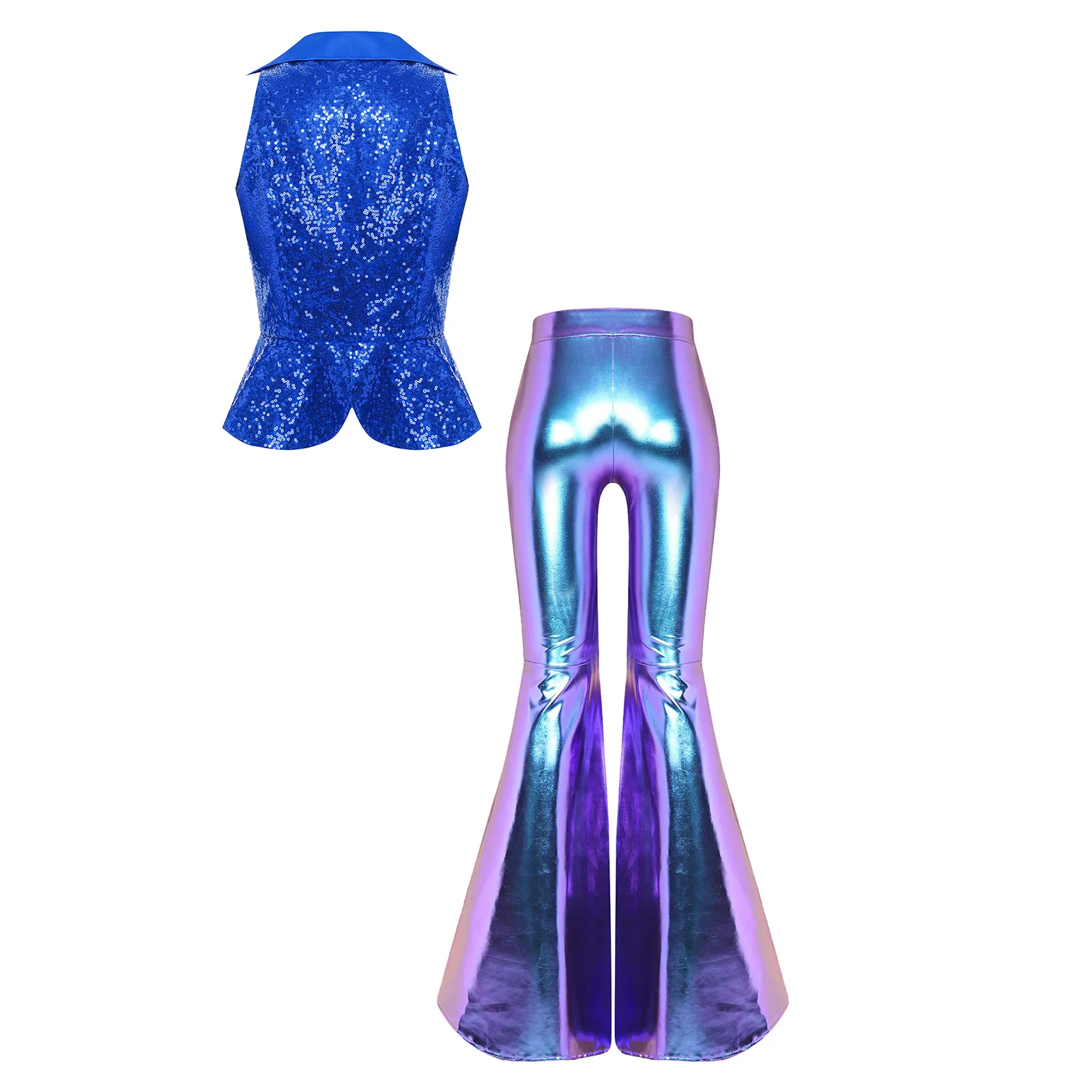 Women 2pcs Glitter Disco Outfit Sleeveless Lapel Sequin Tank Top And Metallic Split Flared Pants Set