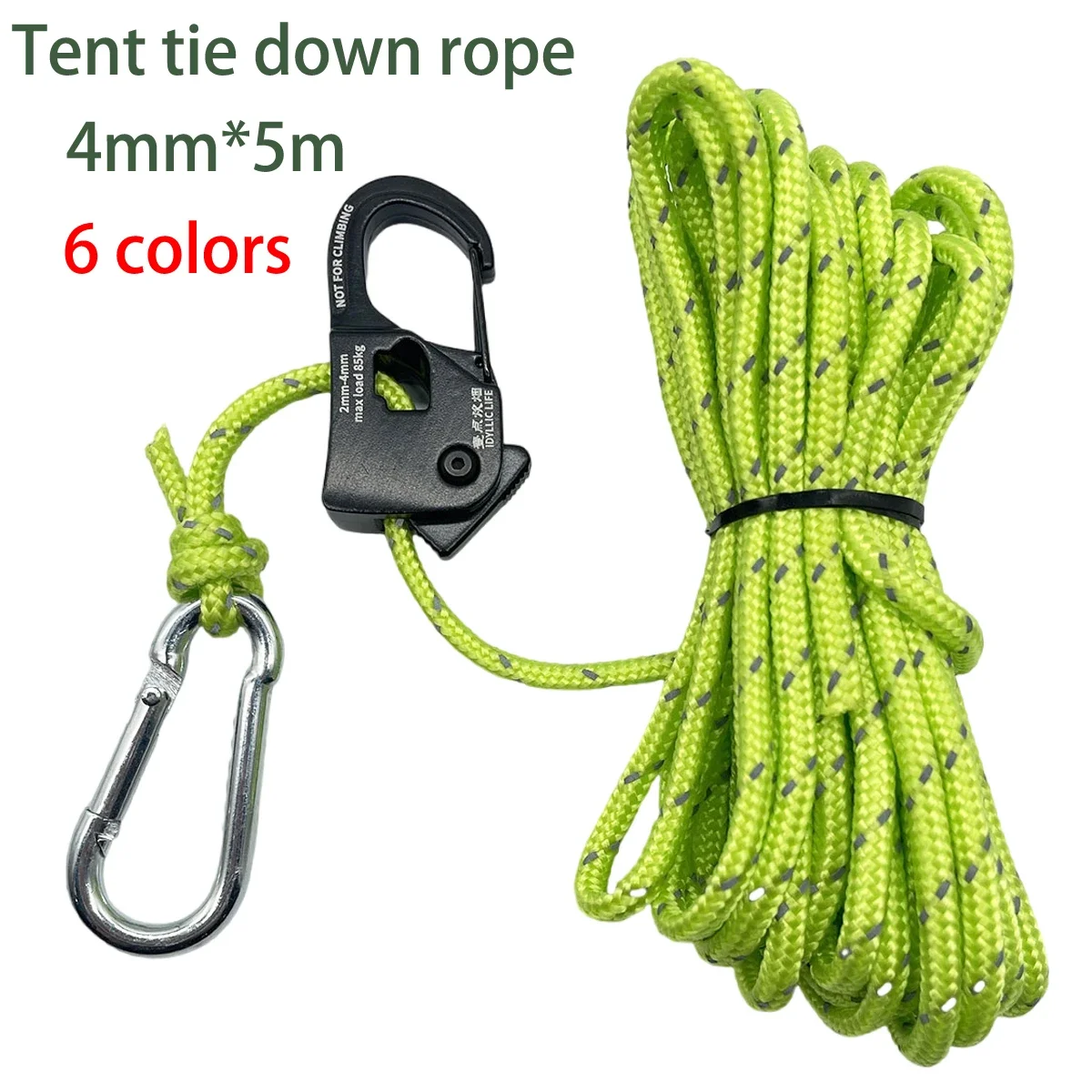 4pcs 5m Camping Tie Down Rope Tent Cord Adjuster Wind Rope Reflective Tightener Fastening Pulley Ratchet Awning Rope Buckle