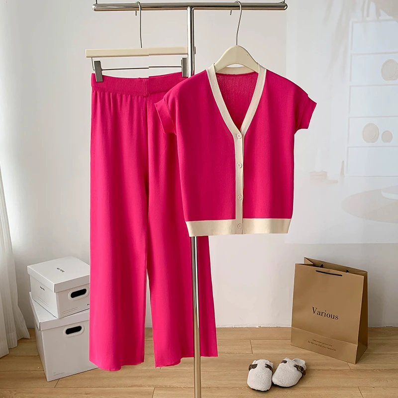 

Autumn Winter Women's Knit Sweater Two Piece Set Button V-neck Cardigan Coats High Waist Loose Casual Wide Leg Pants Outfits
