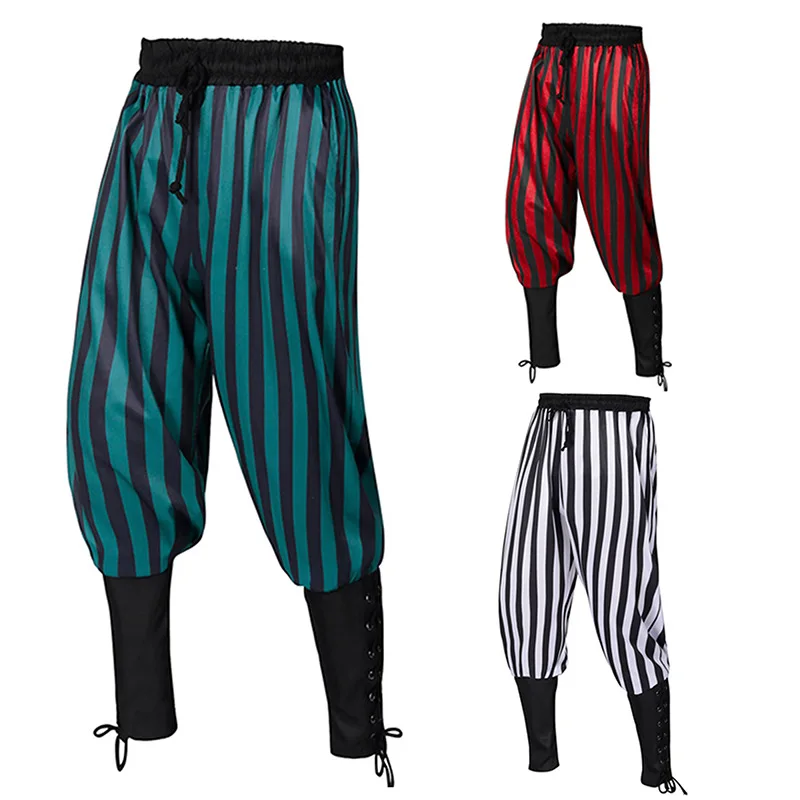 Medieval Cosplay Costumes Adult Black Red Men's Pirate Halloween Costume Vintage Strip Pants Navigator Trousers