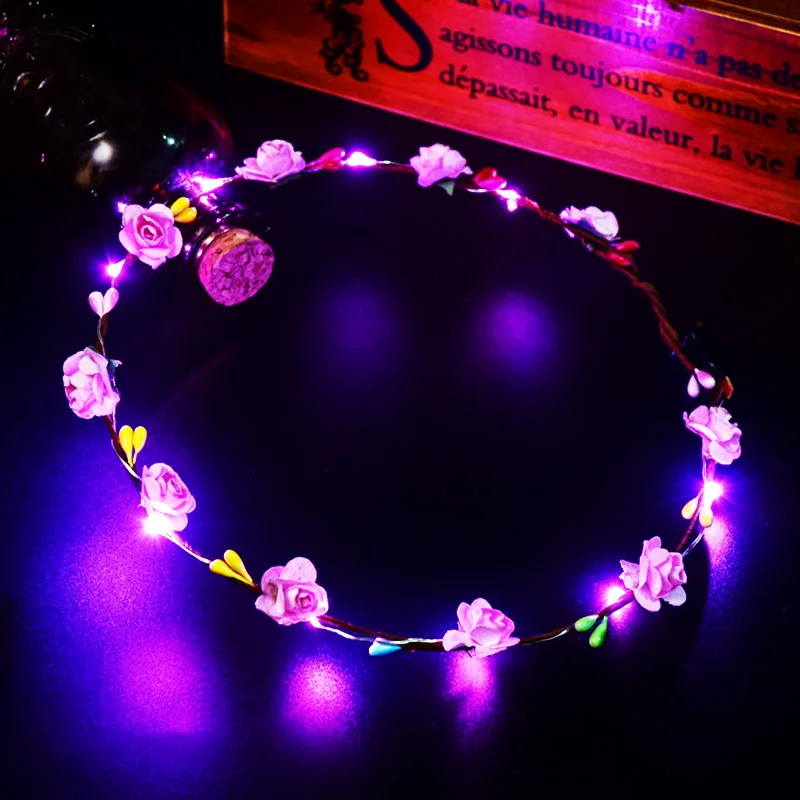 Flor coroa luminosa Headpiece, 10-LED Headband, coroa guirlanda, grinalda brilhante para festa de casamento, Natal, 1pc