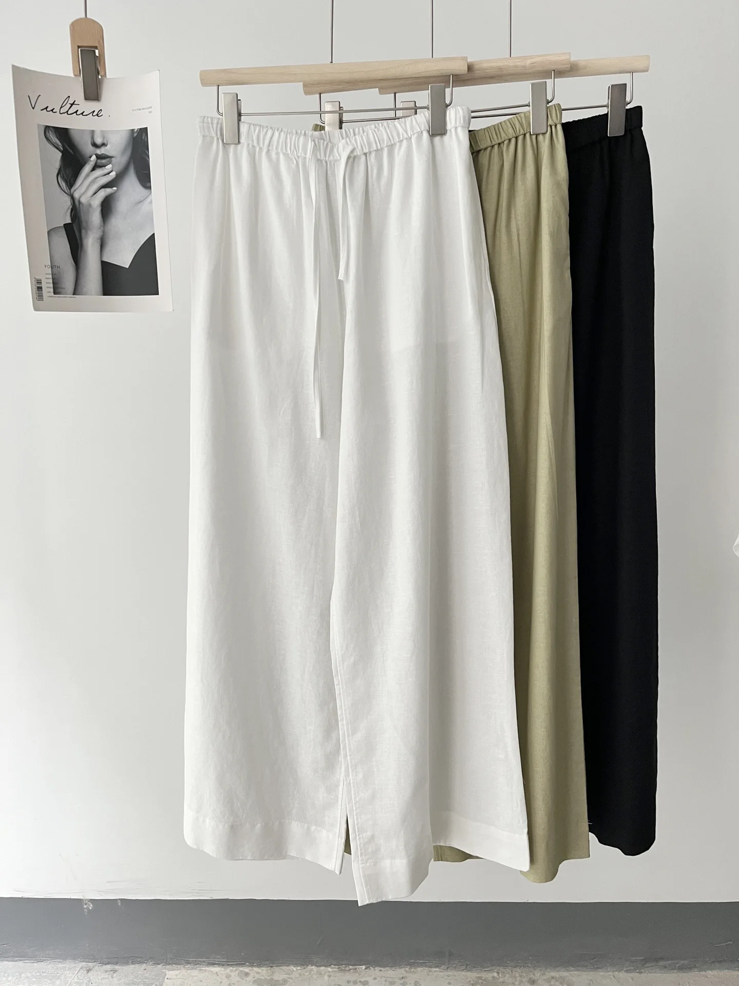 

3 Colors Women Linen Blend Wide Leg Pants Summer New 2024 Drawstring High Waist Casual Trousers for Ladies