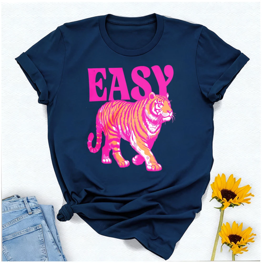 Easy Tiger T-Shirt Women Pink Orange Retro Tiger Graphic Tee Casual Cotton Short Sleeve Trendy 90s Wild Cat Print Gift for Her