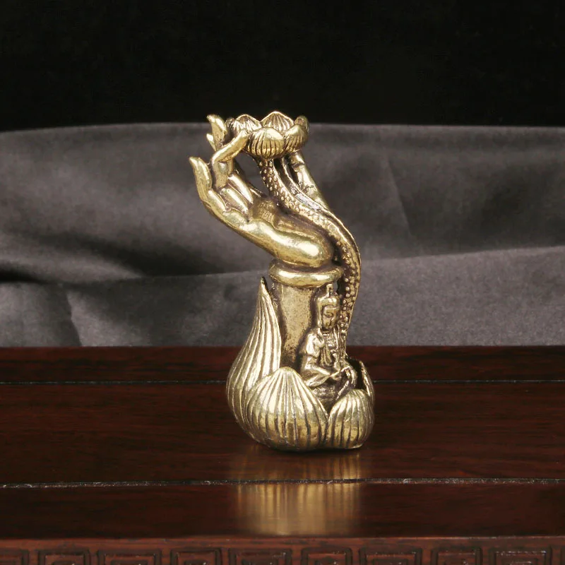 Vintage Brass Guanyin Lotus Buddha Hand Backflow Incense Burner Desktop Decor Zen Copper Craft Tea Pet Antique Collectible Ornam view 2