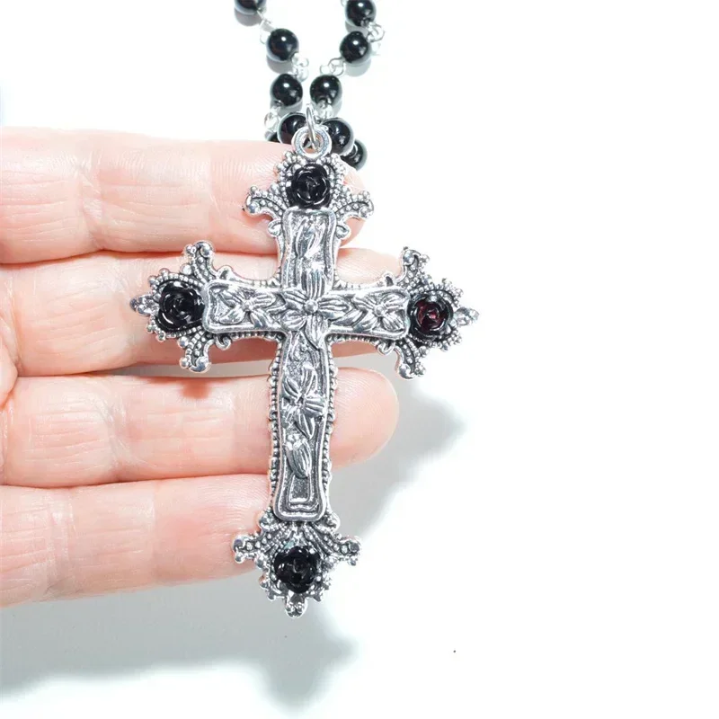 2022 Large Detailed Cross Drill Pendant Jewel Necklace Black Rosary Gothic Punk Jewellery Fashion Charm Statement Women Gift