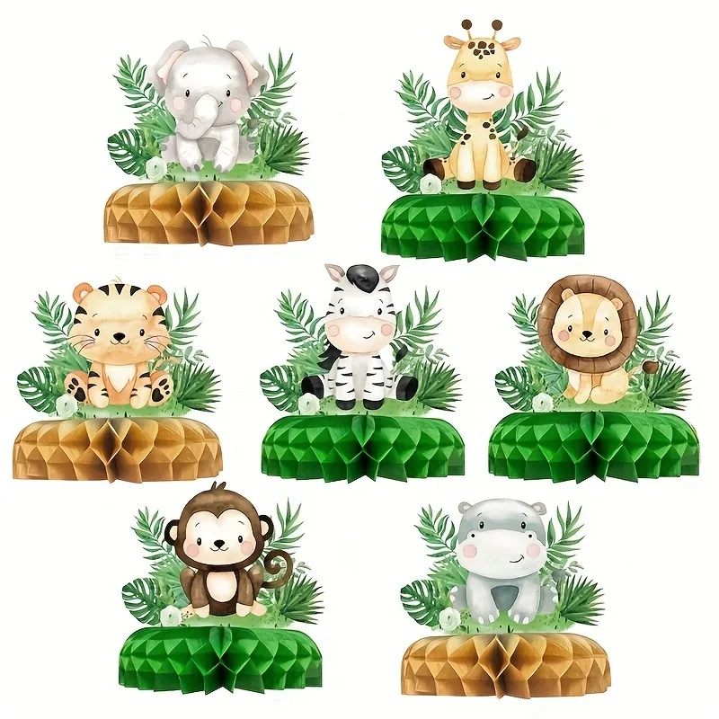 Dschungel-Safari Tier-Waben-Tischdekoration, Aquarell-Babytiere Tischdeko für Safari-Themen Babyparty Geburtstagsfeier – Detail 5