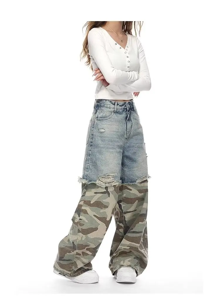 Mulheres retalhos baggy y2k jeans rasgados harajuku azul emendado jeans falso duas peças soltas calças retas hip-hop