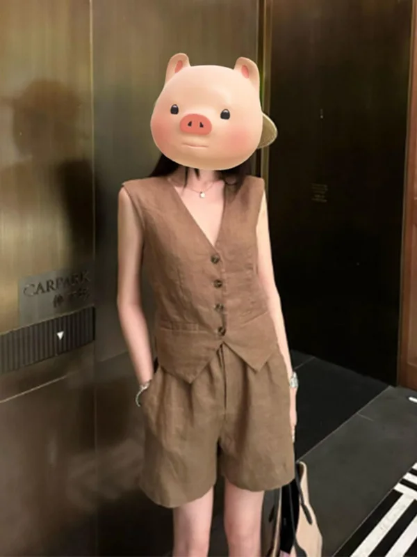 

Fashionable Vest Shorts Set Moneyed Style Summer Women's Clothing Two-Piece Suit V-Neck Buttoning Casual Wear for Young Women