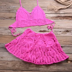 2023 New Crochet 2 Pieces Summer Holidays Beach Cover-ups Sexy women Bra Top+Mini A-line Skirt Bikini Cover up Beach wear Female