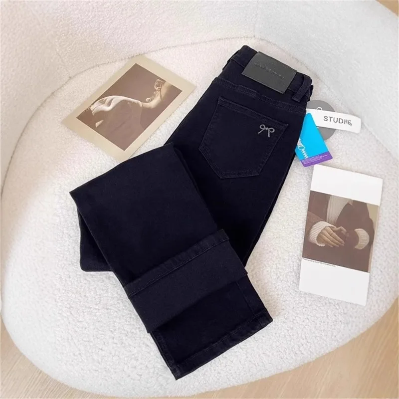 Women Solid Black Straight Jeans High Waist Back Pocket Embroidery Cuffed Denim Trousers