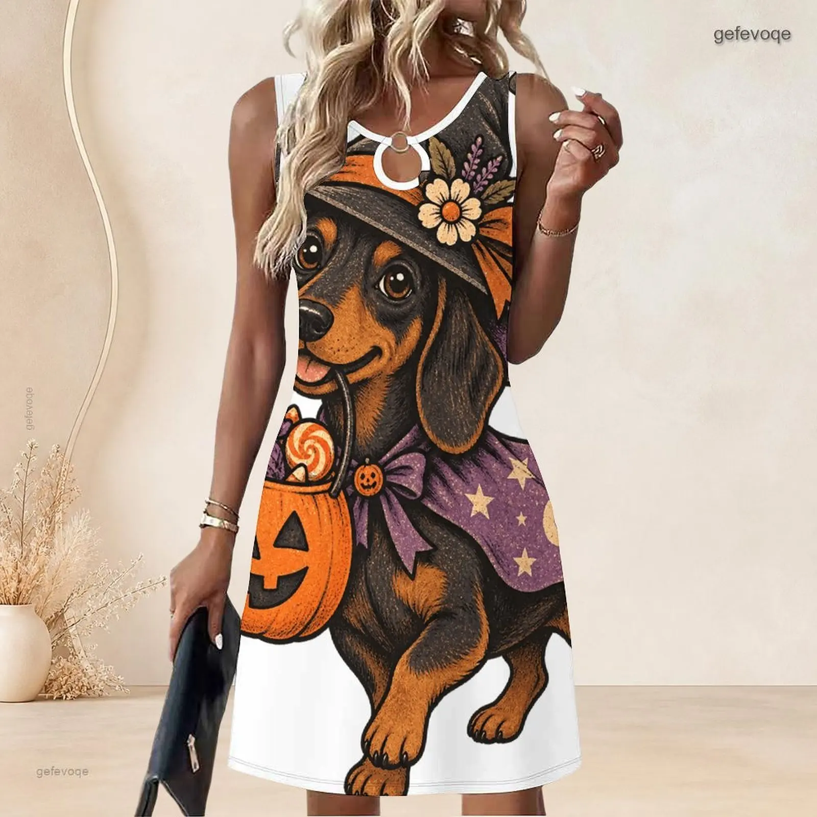 Women Sleeveless A Line Mini Dress O Ring Keyhole Neckline Loose Swing Short Dress Custom Print Ladies Casual Daily Dress