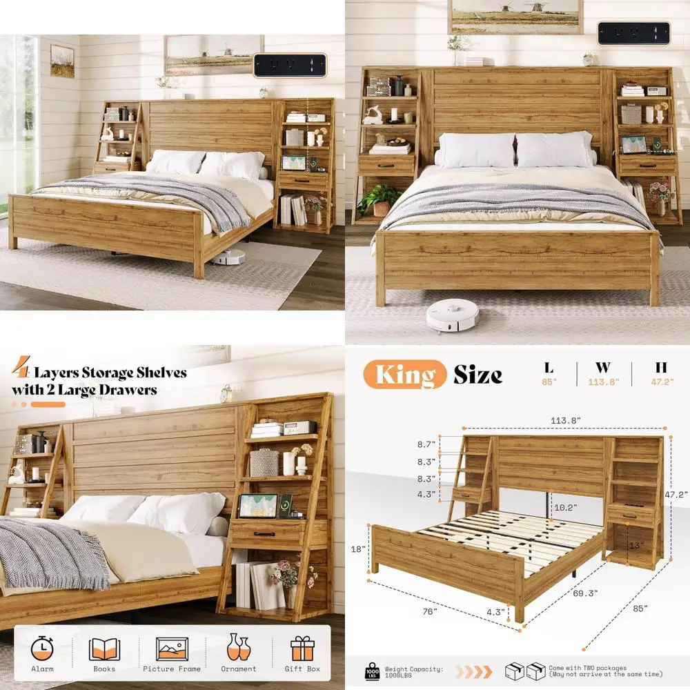 Farmhouse Style King Bed with Large Headboard, Built-in Bookshelves, and Charging Station with Storage Drawers