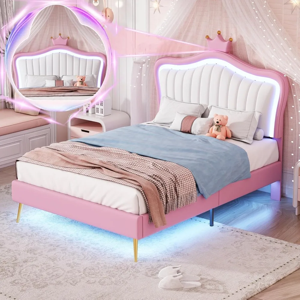 

Upholstered Bed Frame with LED Lights, Modern Upholstered Princess Bed with Crown Headboard