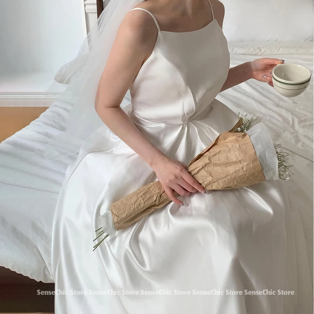 Robes de mariée simples à bretelles Spaghetti plissées, en Tulle, corée, élégantes, sans manches, ligne a, personnalisées, 2025