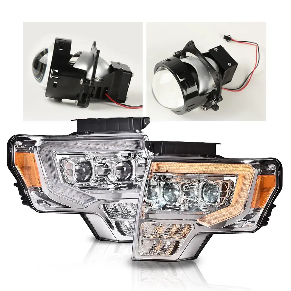 Led Headlights Assembly Compatible with F150 2009-2014 Headlamp Tube Dual Projector (Clear Lens Chrome Housing Amber Reflector)