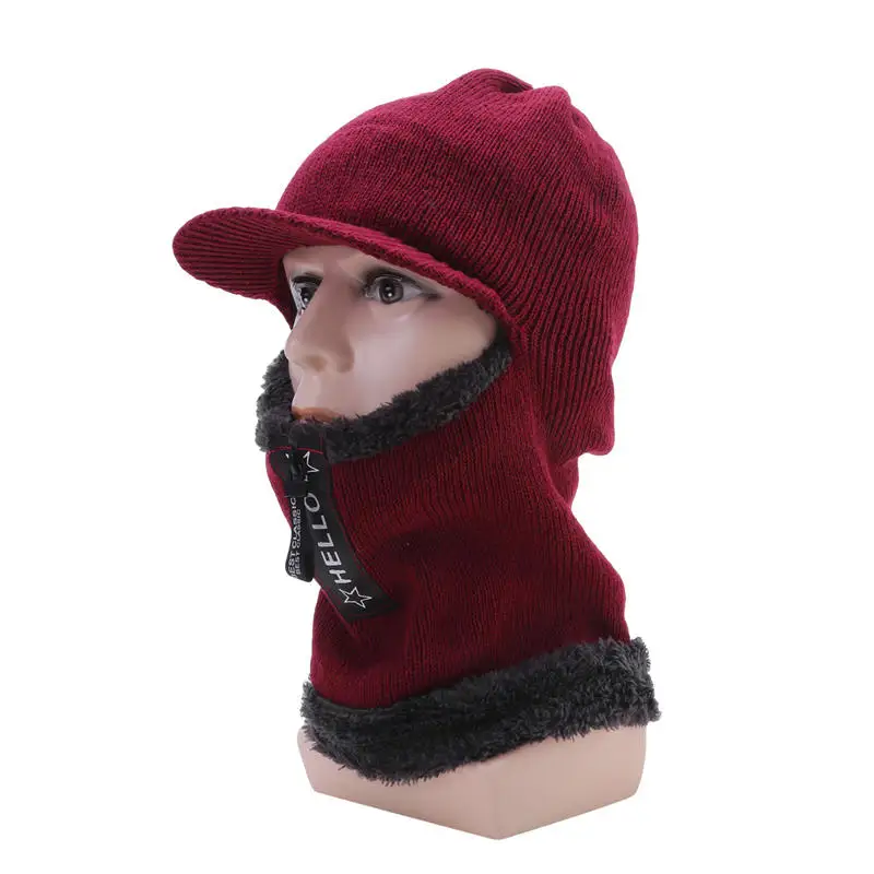 Men Knitted Hats Winter Zipper Thickened Plush One Piece Hat Collar Set Cap Outdoor Cycling Neck Protection For Male