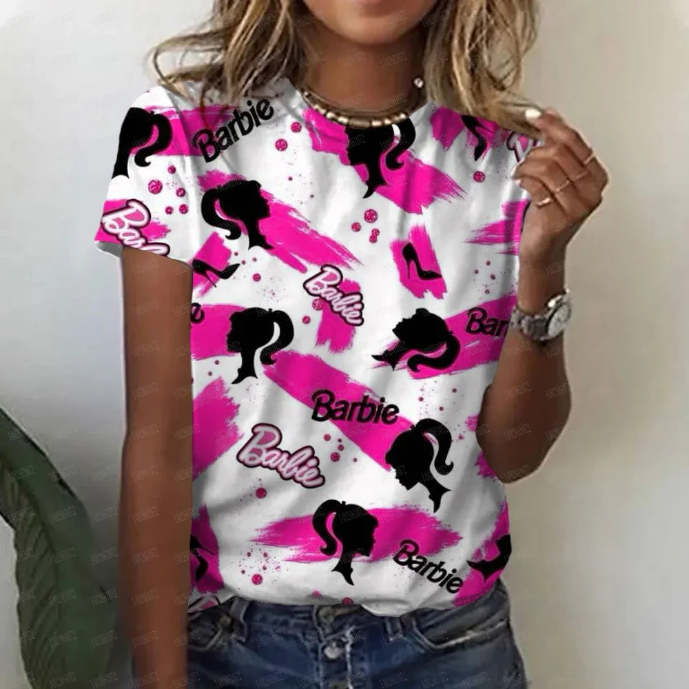 2024 T-shirt da donna nuova a maniche corte Barbie Cartoon Primavera ed estate Casual Girocollo Stampato Dea T-shirt stile semplice