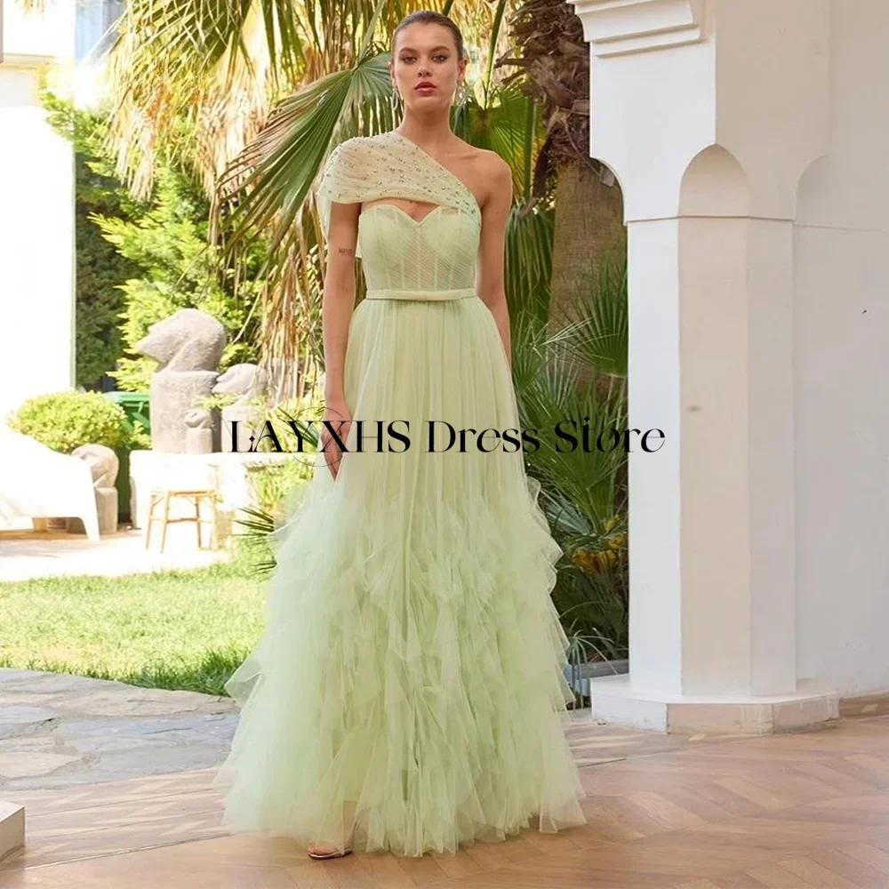 LAYXHS Modisches One-Shoulder-Abendkleid, Tüll, A-Linie, Perlenschärpen, Rüschen, Heimkehrkleid, maßgeschneidert