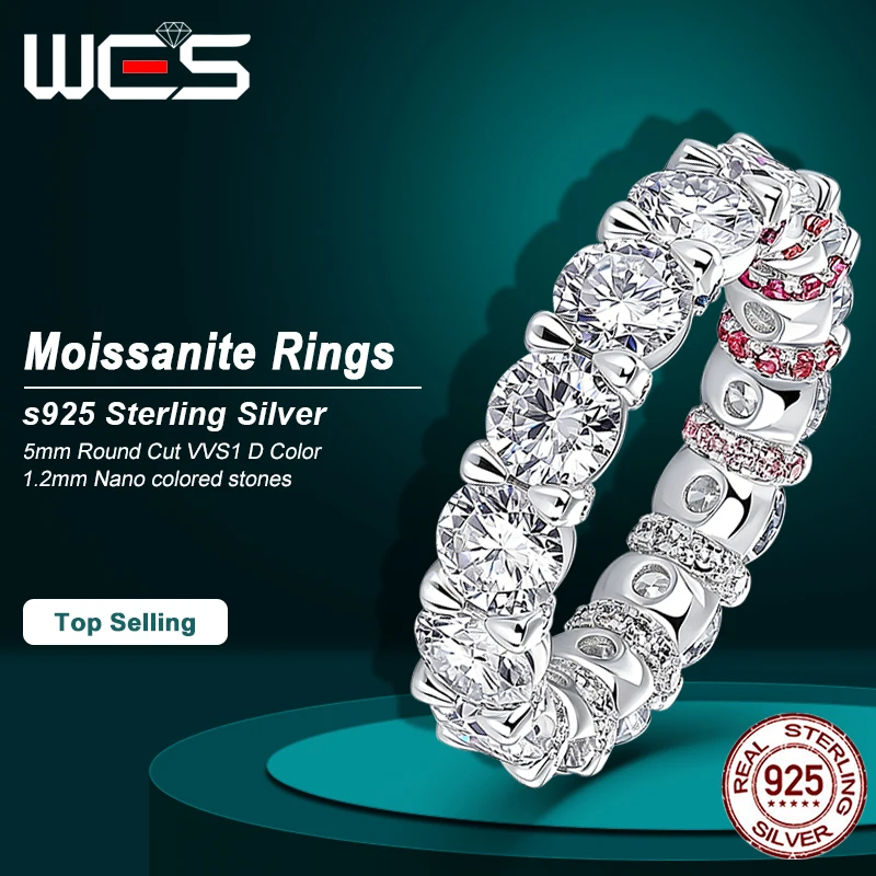 WES 5mm D Color VVS1 Moissanite Full Eternity Ring 925 Sterling Silver With Nano Colored Stones Wedding Band For Women Jewelry