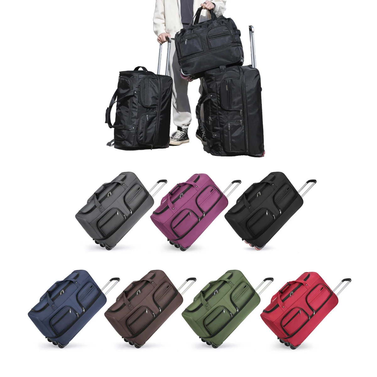 Faltbare Reisetasche für Gepäck, die an Bord der Flugzeug gegeben werden kann, mit Tragegriff, rollbare Reisetasche zur Aufbewahrung, Herren-Reisetasche mit extra großem Fassungsvermögen. – Detail 2