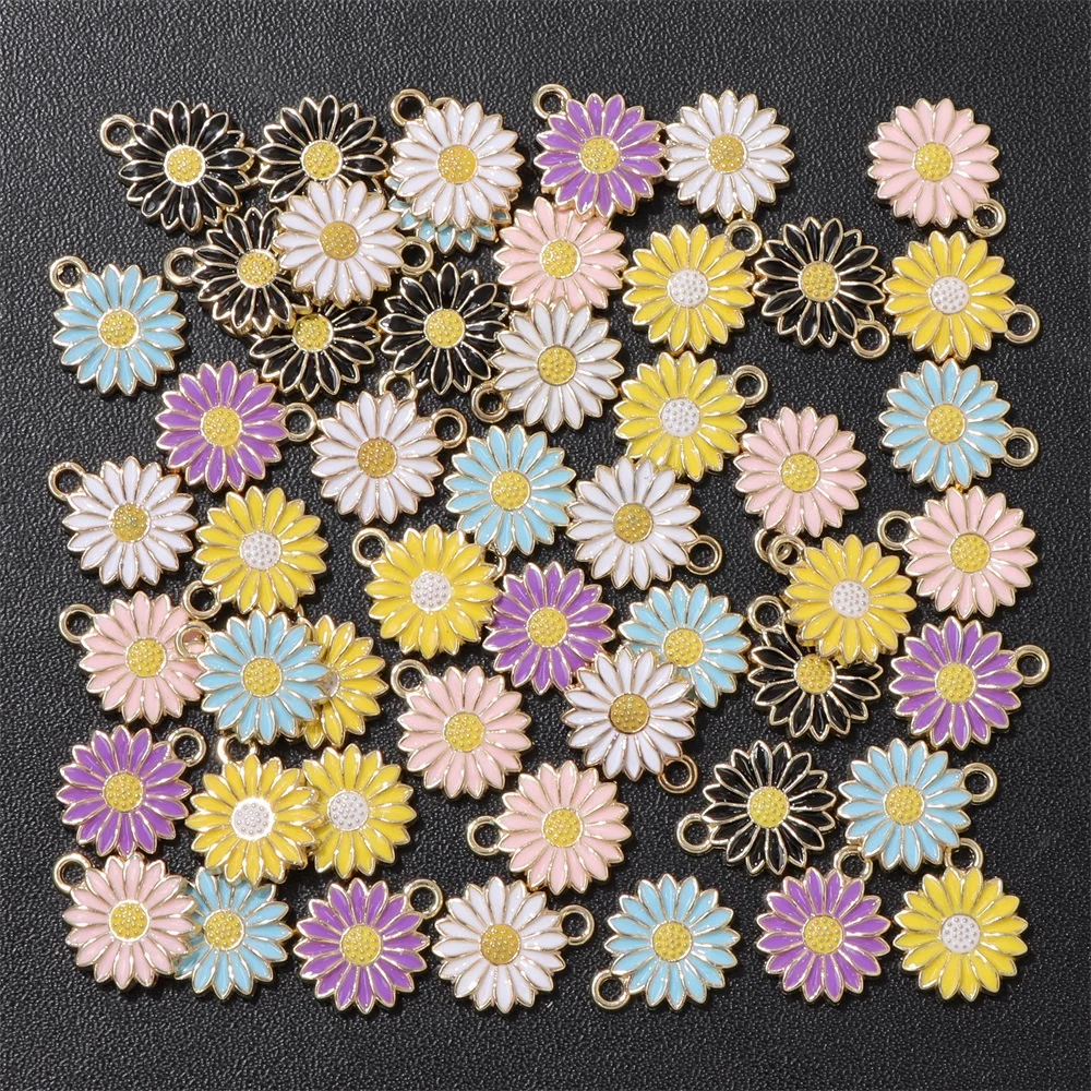 10Pcs/Lot Enamel Daisy Flower Charms 11mm Colorful Oil Metal Sunflower Pendant For Jewelry Making Necklace DIY Bracelet Craft