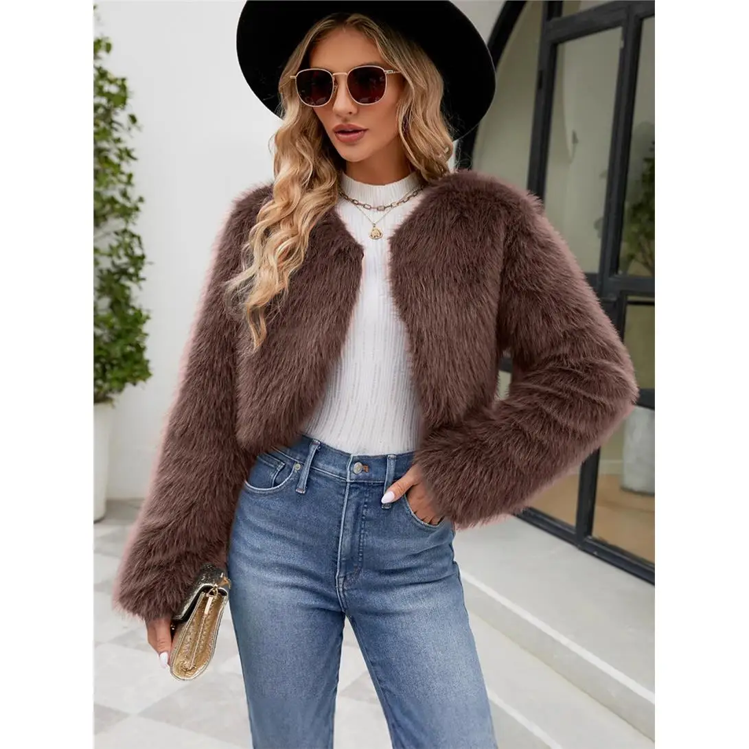 Fashionable Casual Women's Faux Fur Top Short Jacket Asymmetrical Design Warmth  Fur Patterned Commute Style Long Sleeve