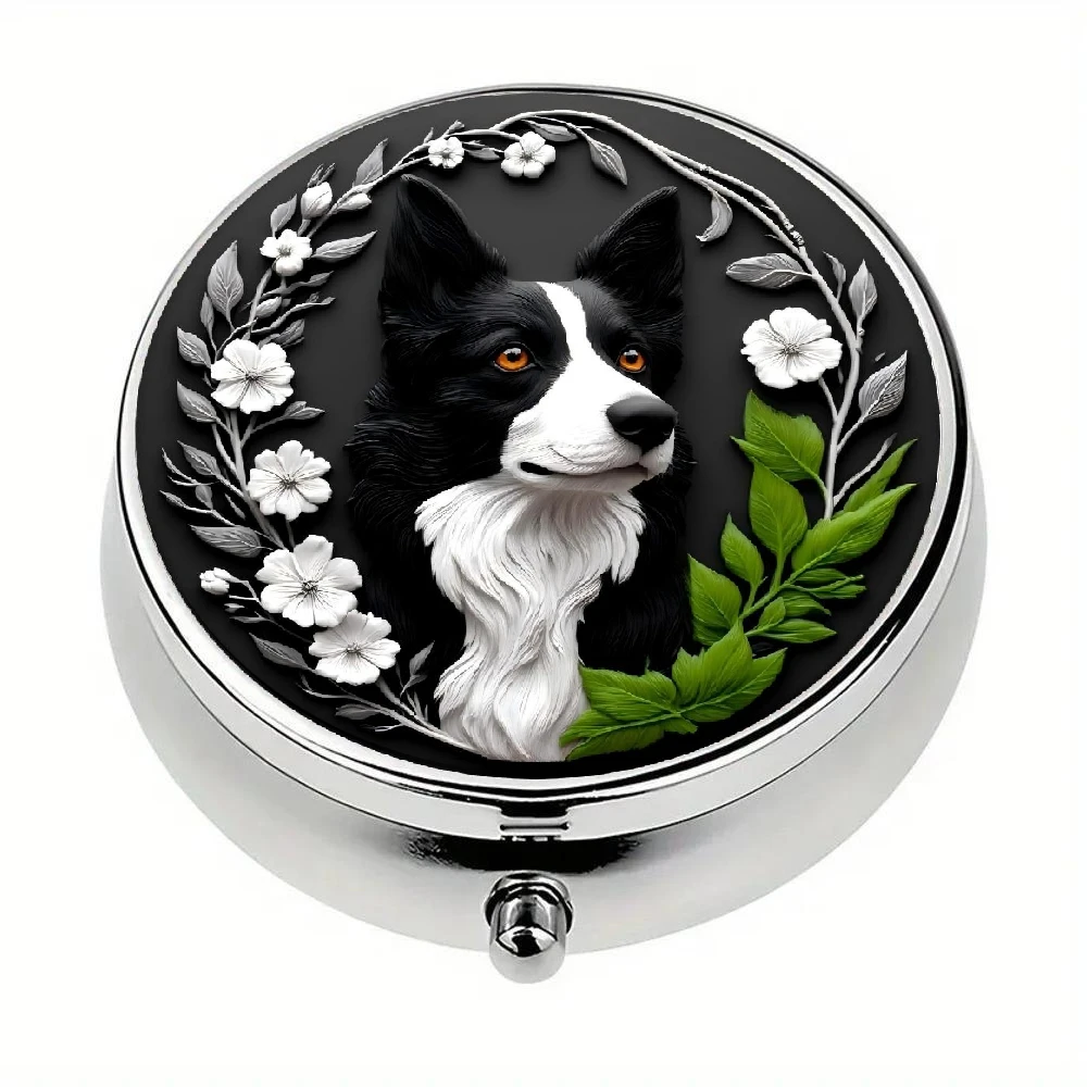 1 Piece, Flat, Round Three-Compartment Box, Border Collie Circular Pattern Design, Travel Portable Box, Compact Metal Jewelry Box, Exclusive Design, Can Be Used as an Exquisite Gift or Birthday Present, Made of Metal