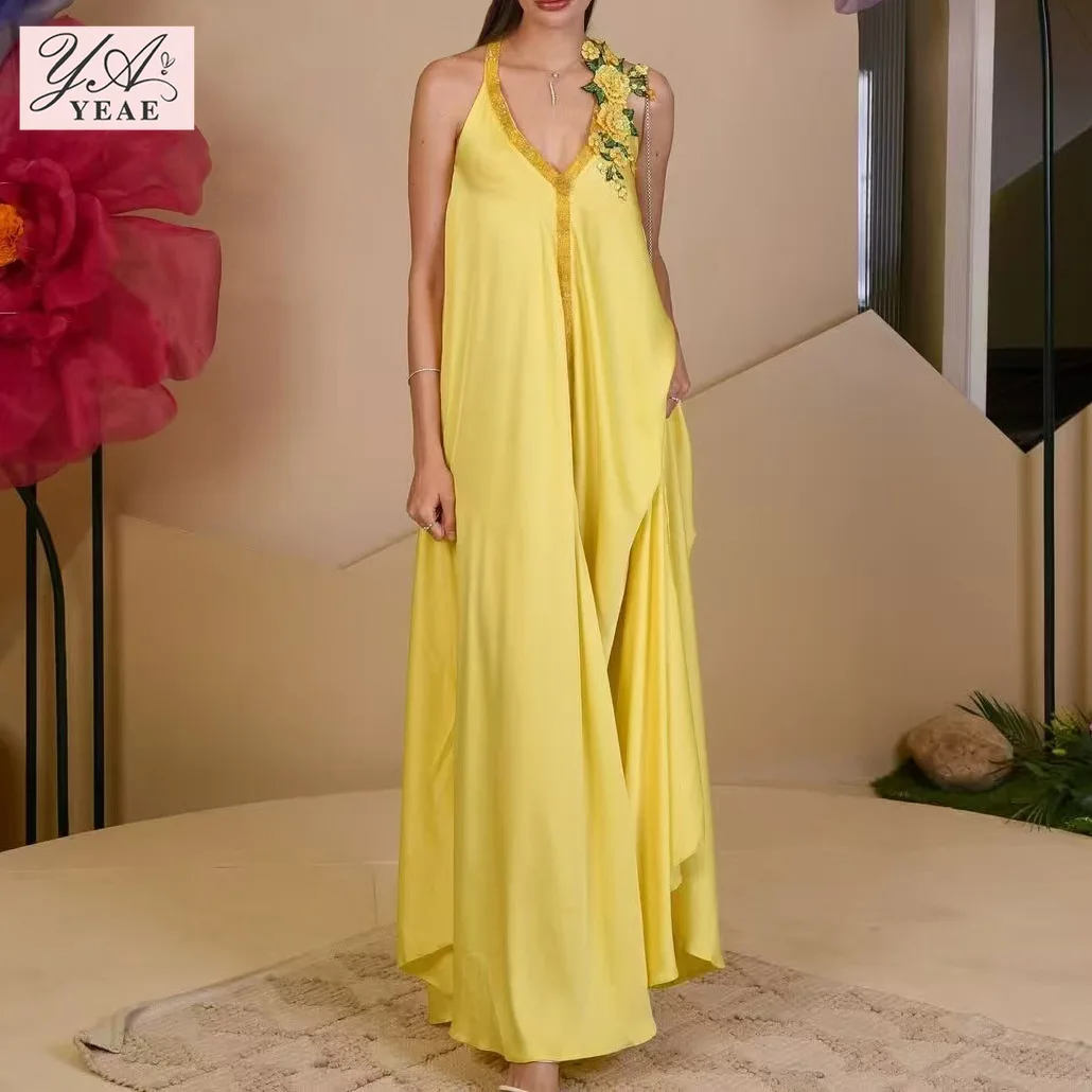 

2025 S/S V-Neck Slip Dress - Vintage Beaded Sequin Floral Maxi Gown for Evening